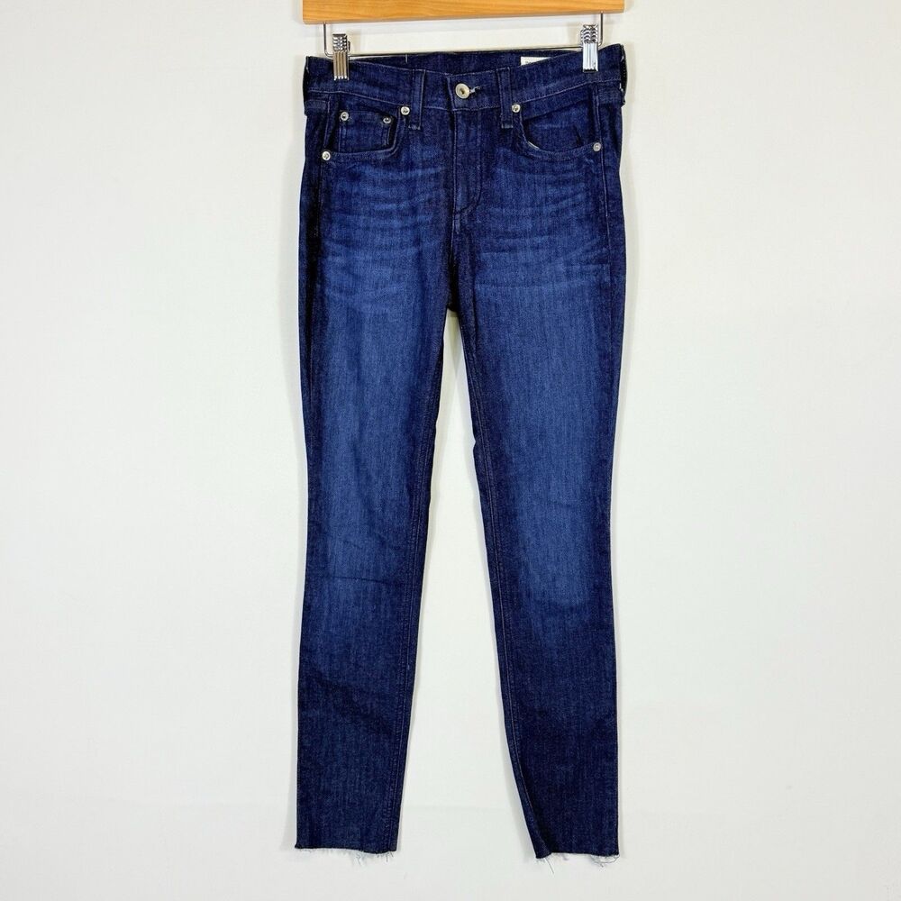 Rag & Bone Skinny Jeans Womens Sz 26 Blue Tonal River Dark Wash Raw Hem Ankle - Picture 1 of 8